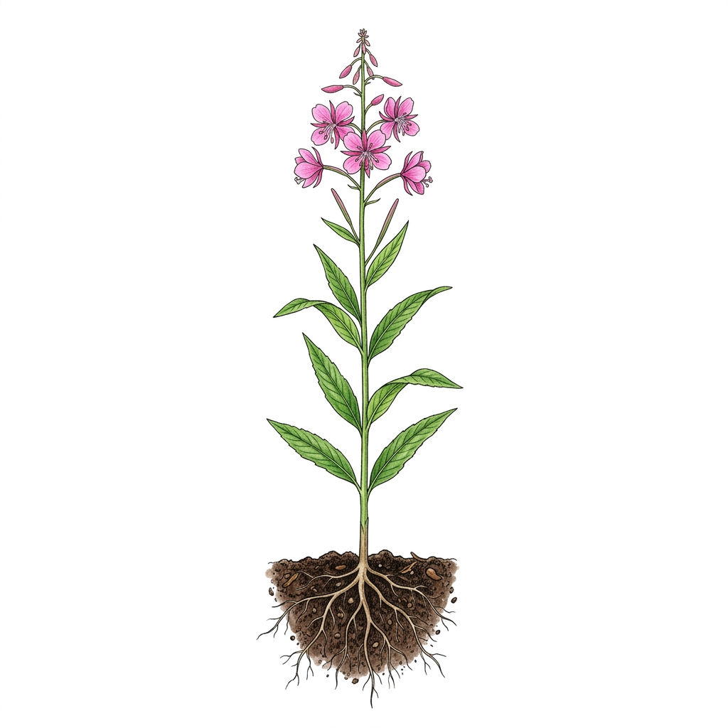 Botanical Plant Diagram with Roots, Stem, Leaves and Flowers